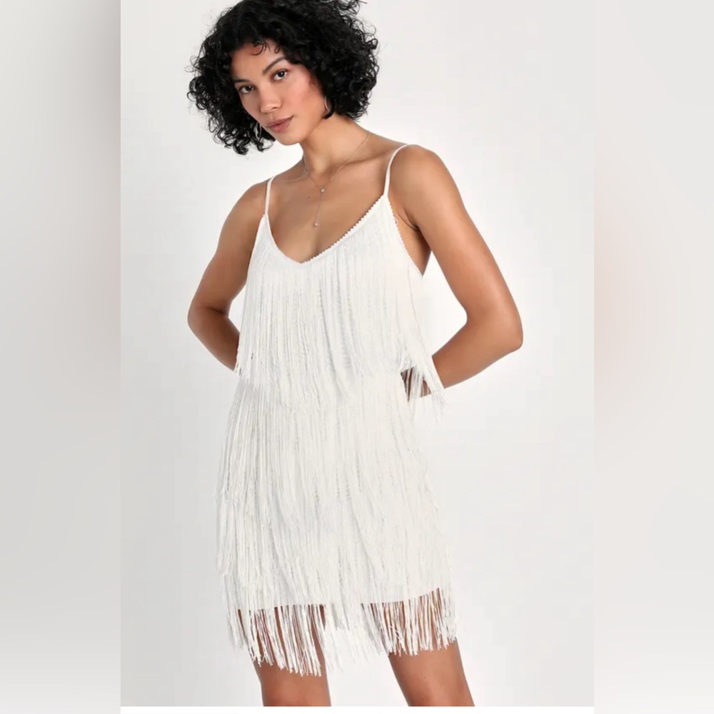 Lulu’s: White Fringe Bodycon Dress (Size M)